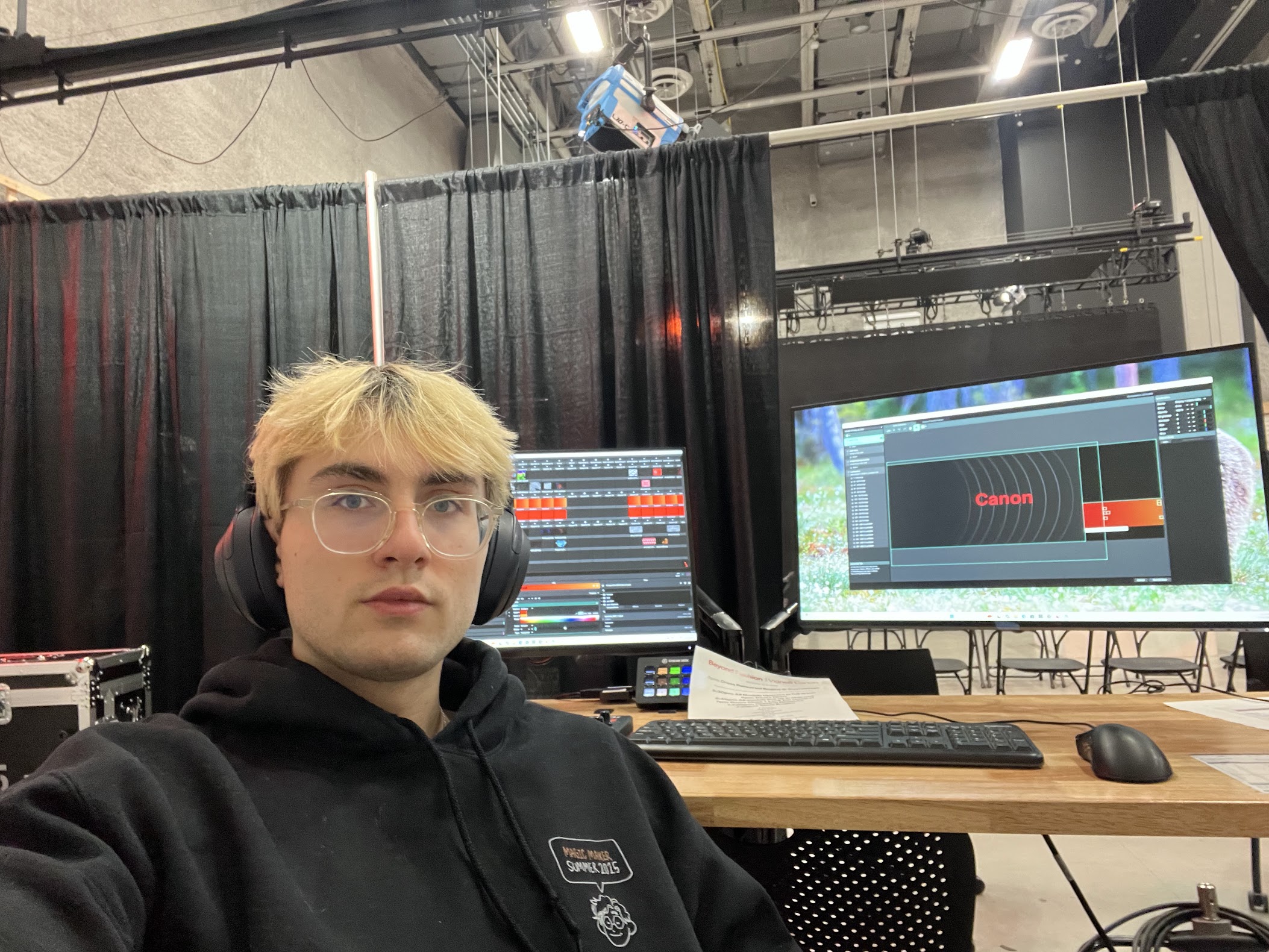 Erick at the VJ station, Resolume running on two monitors